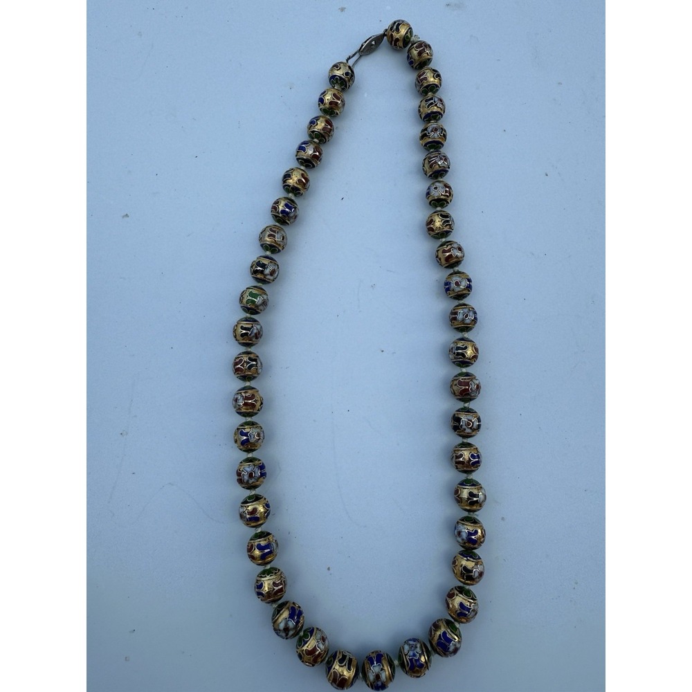 Vintage Chinese Cloisonne Necklace Enameled Bead Knotted Gold Floral